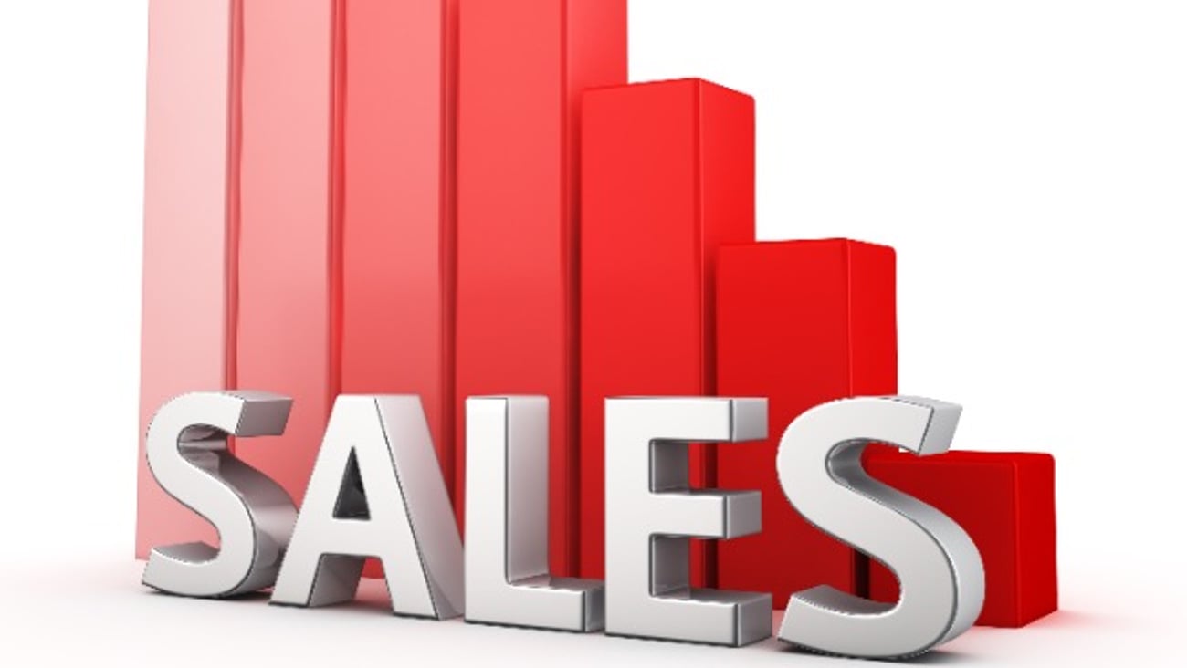 Moving down red bar graph of Sales on white. Consumption crisis concept.