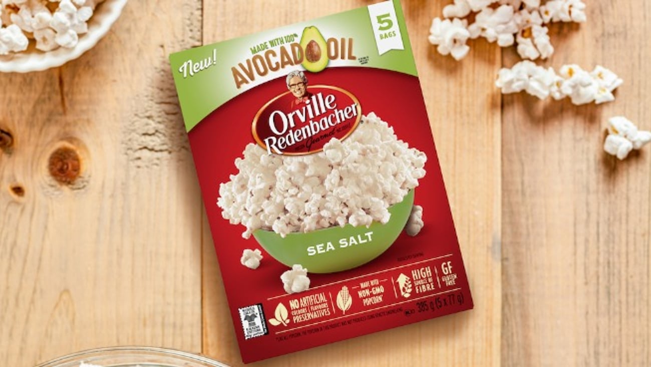 Box of Orville avocado oil popcorn