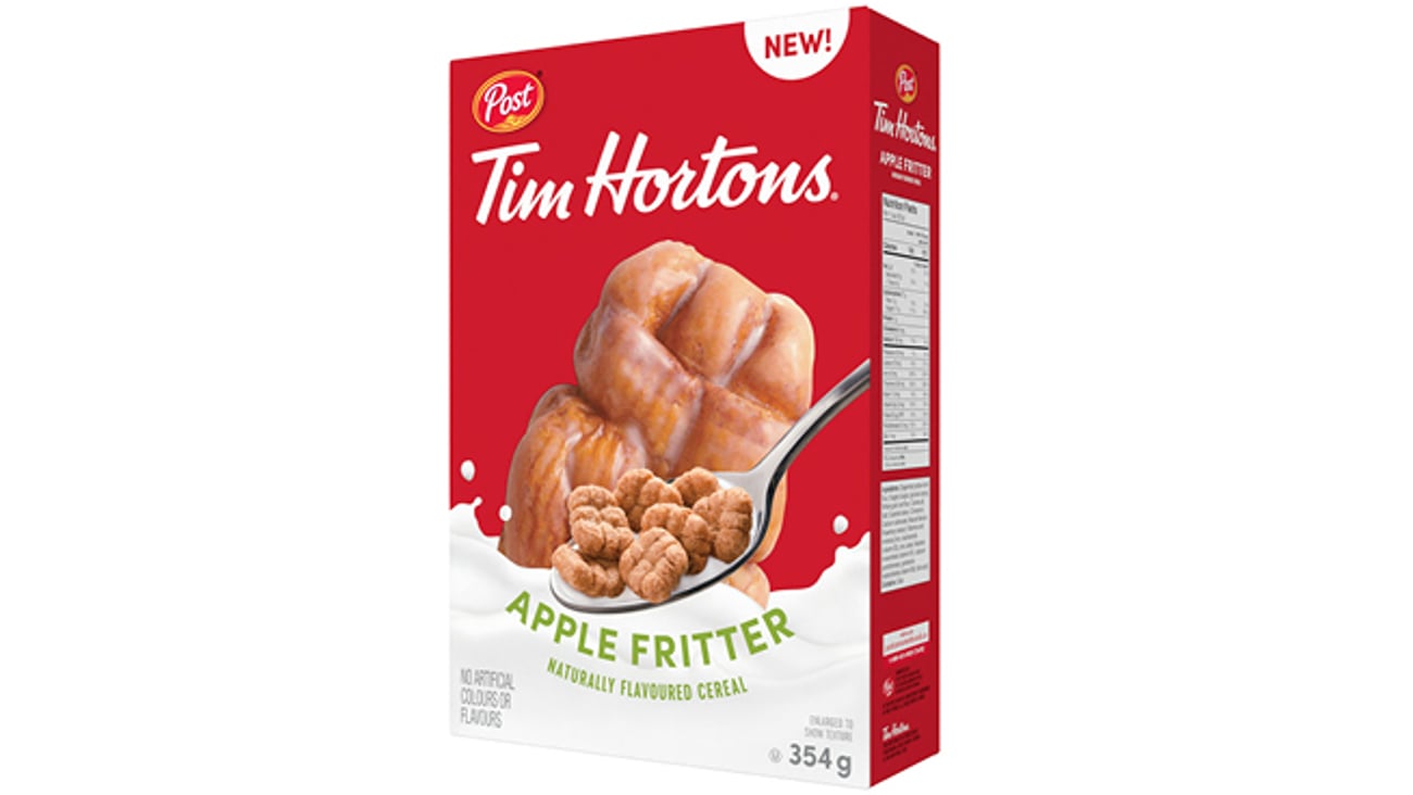 Post Tim Hortons Apple Fritter Flavoured Cereal box