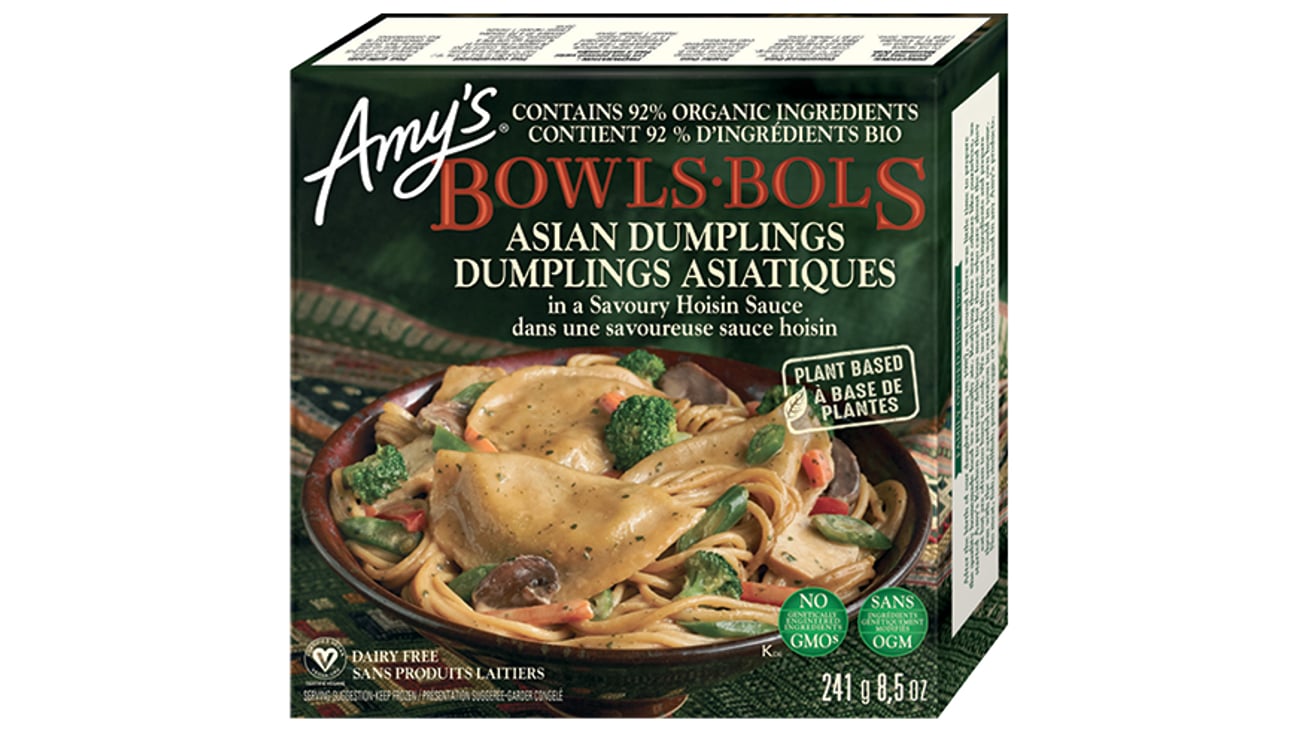 A box of Amy’s Kitchen Asian Dumplings