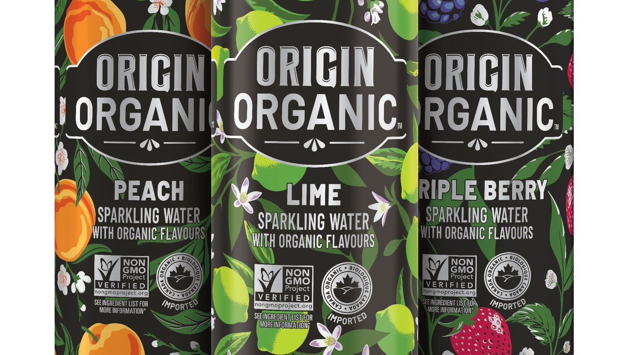 Three cans of Origin Organic sparkling water