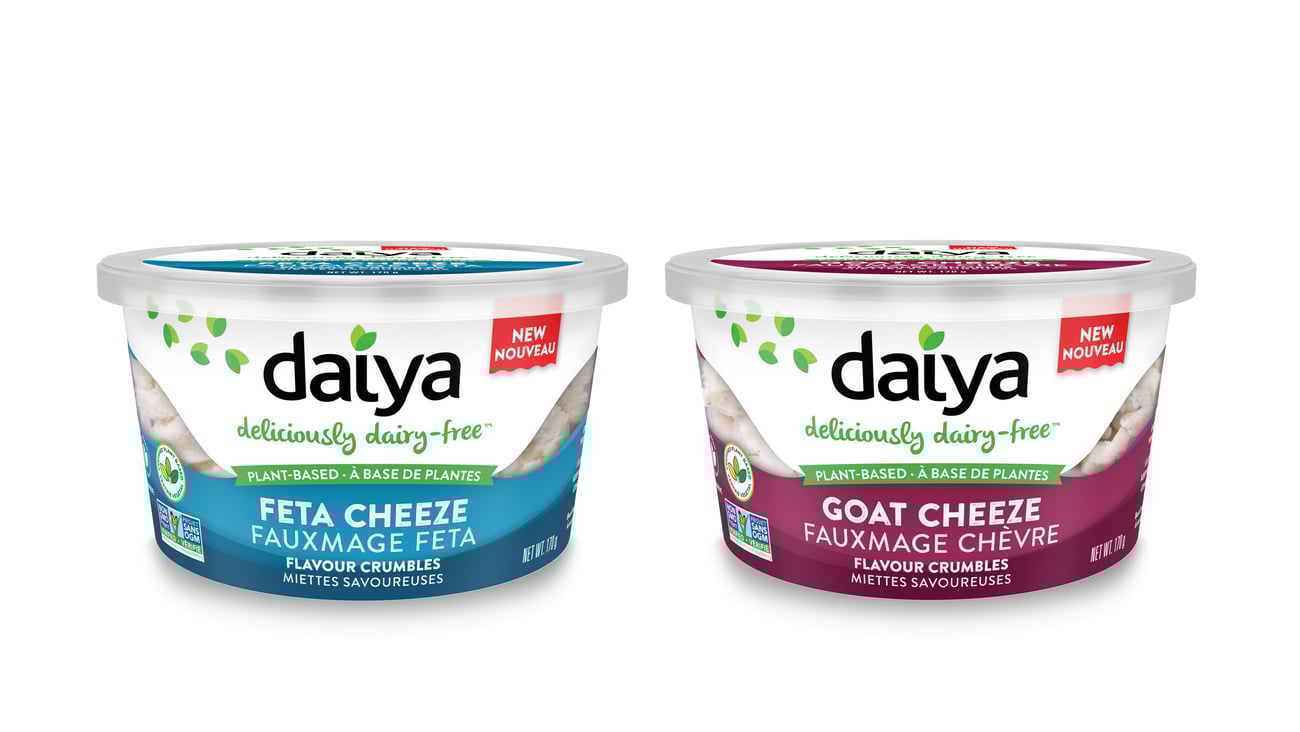 tubs of Daiya Goat Cheeze and Feta Cheeze Flavour Crumbles