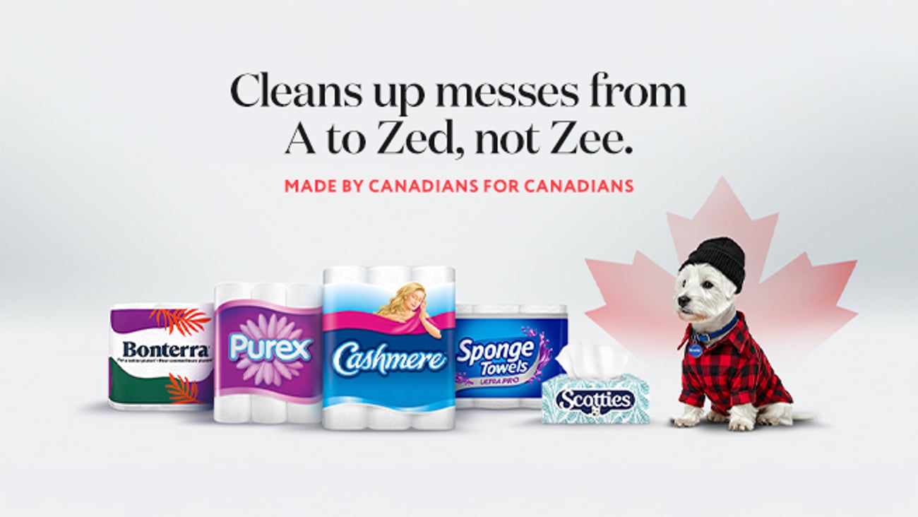 A lineup of Kruger Products next to a Scottie dog wearing a plain shirt and toque