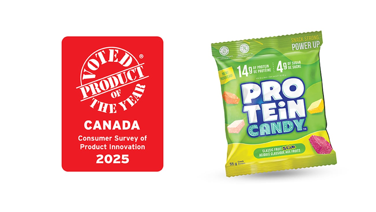 A pack of Protein Candy Classic Fruit Sour next to Product of the Year red badge logo