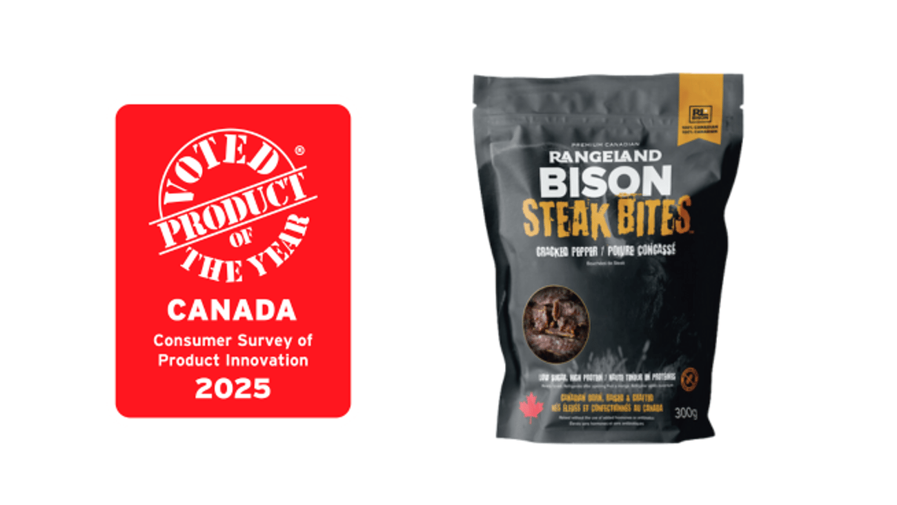 A bag of bison steak bites next to a Product of the Year logo