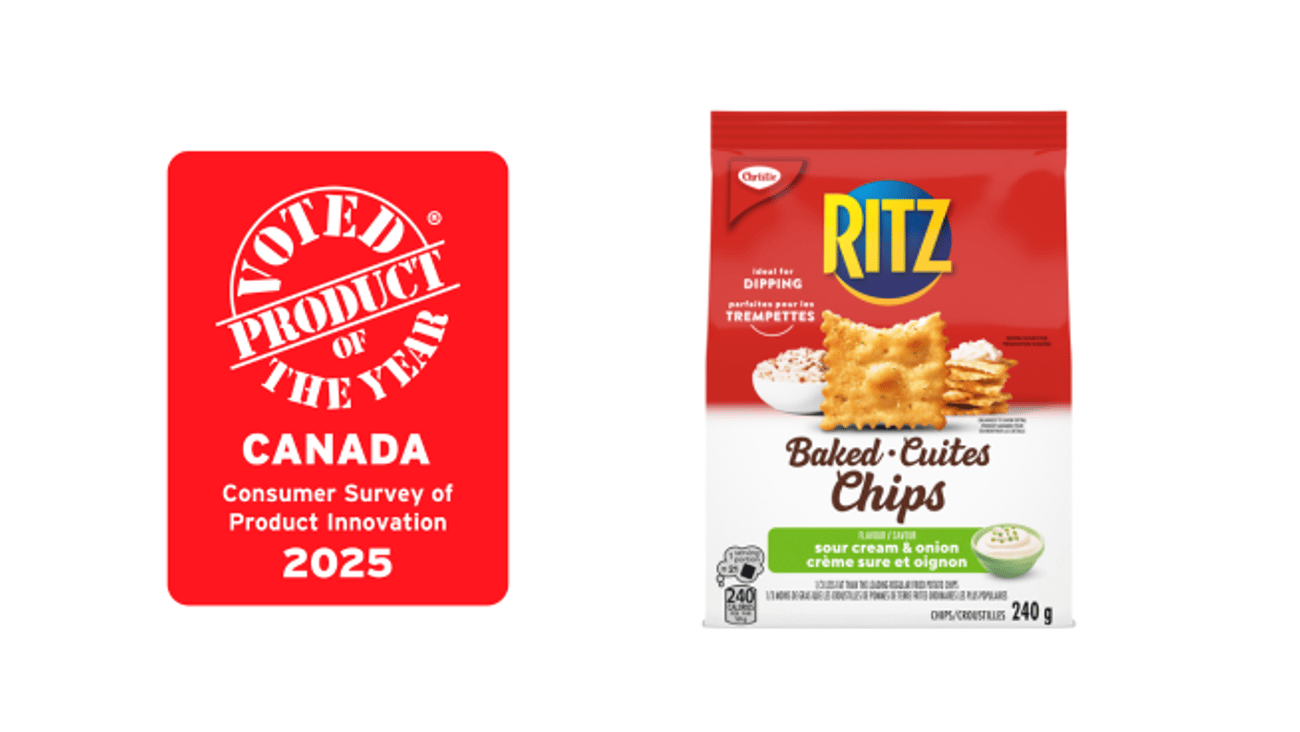 A pack of Ritz Baked Chips Sour Cream & Onion flavour next to a Product of the Year logo