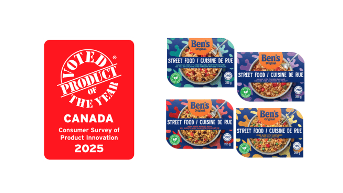 Packs of Ben's Original ready-to-eat meals next to the Product of the Year logo