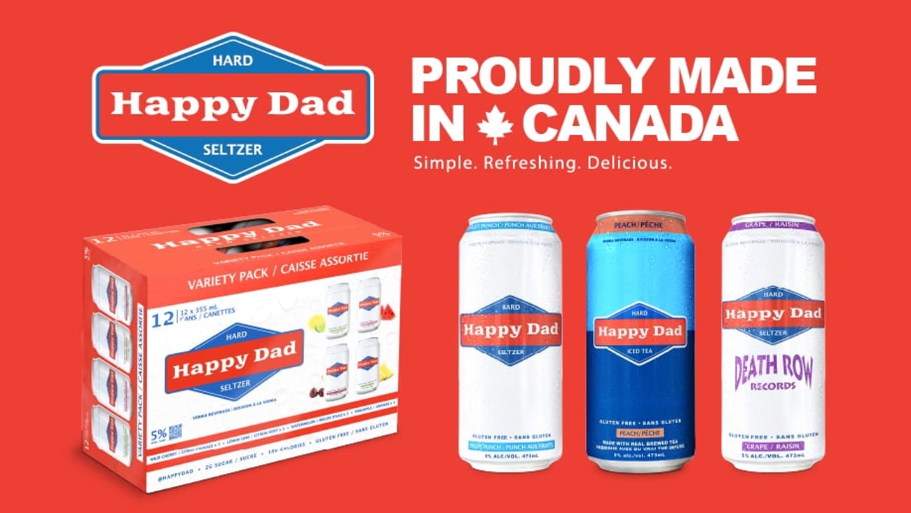 A case and cans of Happy Dad