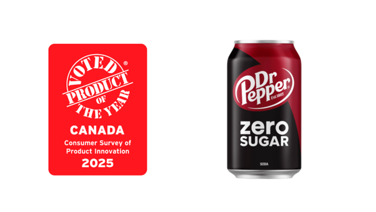 A can of Dr Pepper Zero next to the 2025 Product of the Year logo