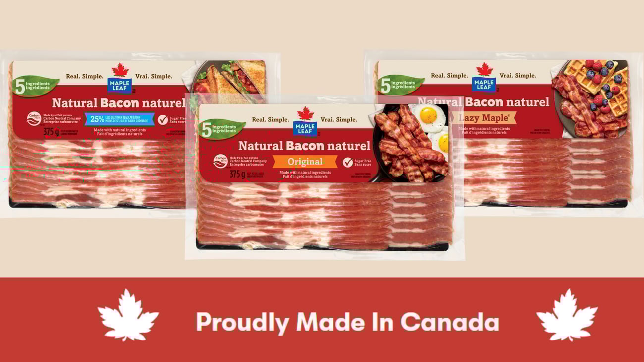 Three packs of Maple Leaf Bacon with a Proudly Made in Canada banner along the bottom
