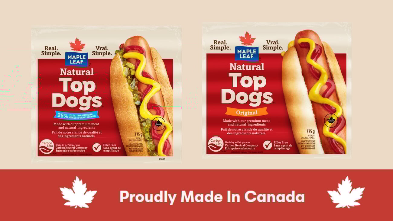 Two Maple Leaf Top Dogs packs side by side with a Proudly Made in Canada banner across the bottom