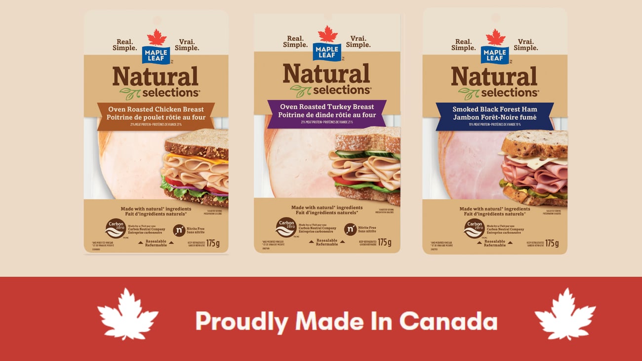 Three packs of Maple Leaf Natural Selections with a Proudly Made in Canada banner along the bottom