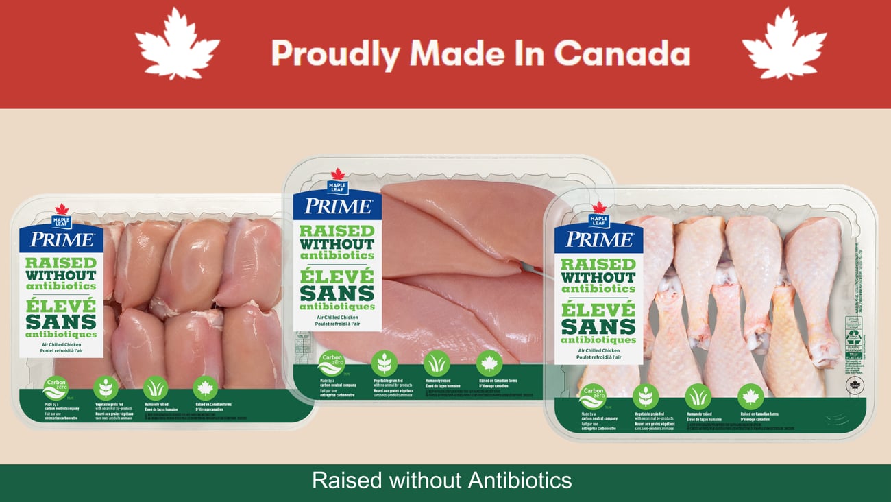 three packs of Maple Leaf Prime Raised without Antibiotics Chicken with a Proudly Made in Canada banner along the top