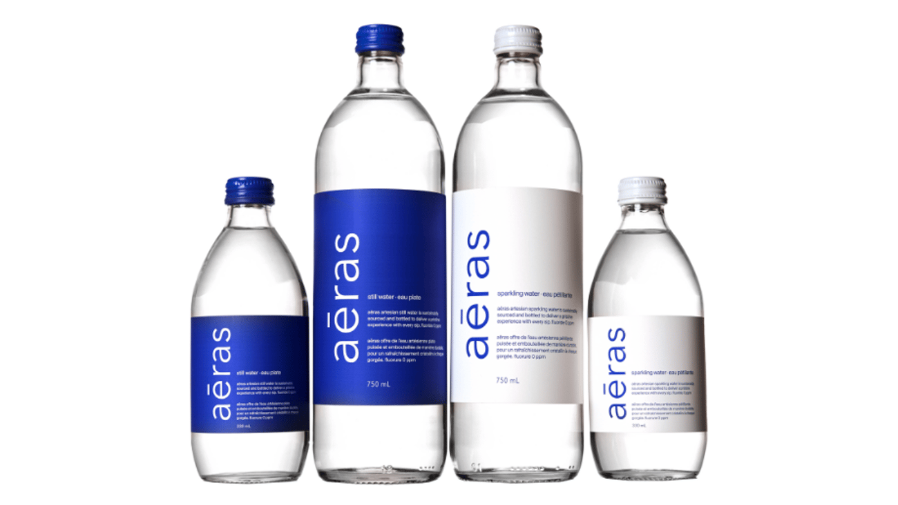 Bottles of aēras sprink and sparkling water