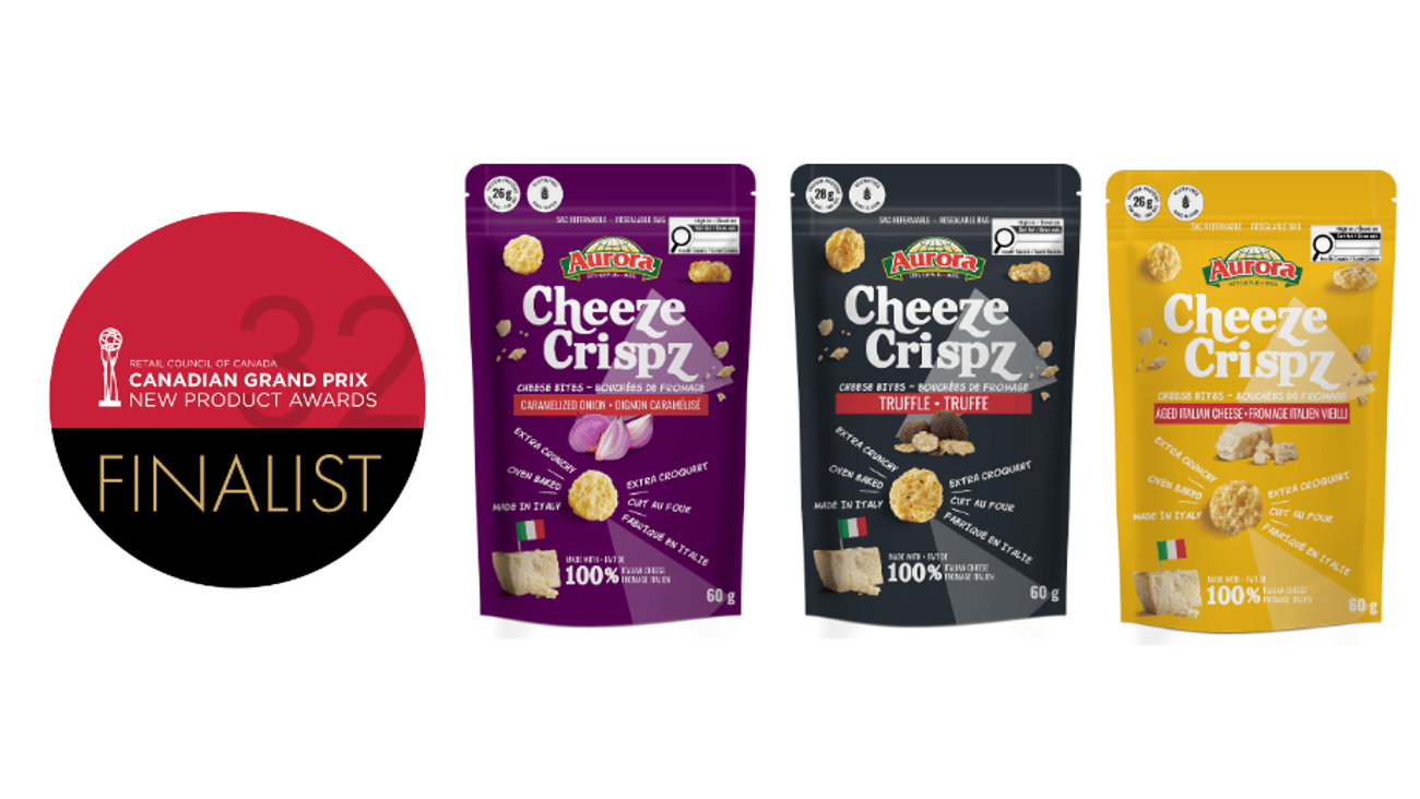 Packs of Cheese Crispz next to the Grand Prix finalists logo