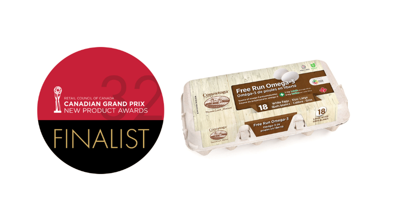 Carton of Free Run Omega-3 Lutein Eggs next to the Grand Prix Finalists logo