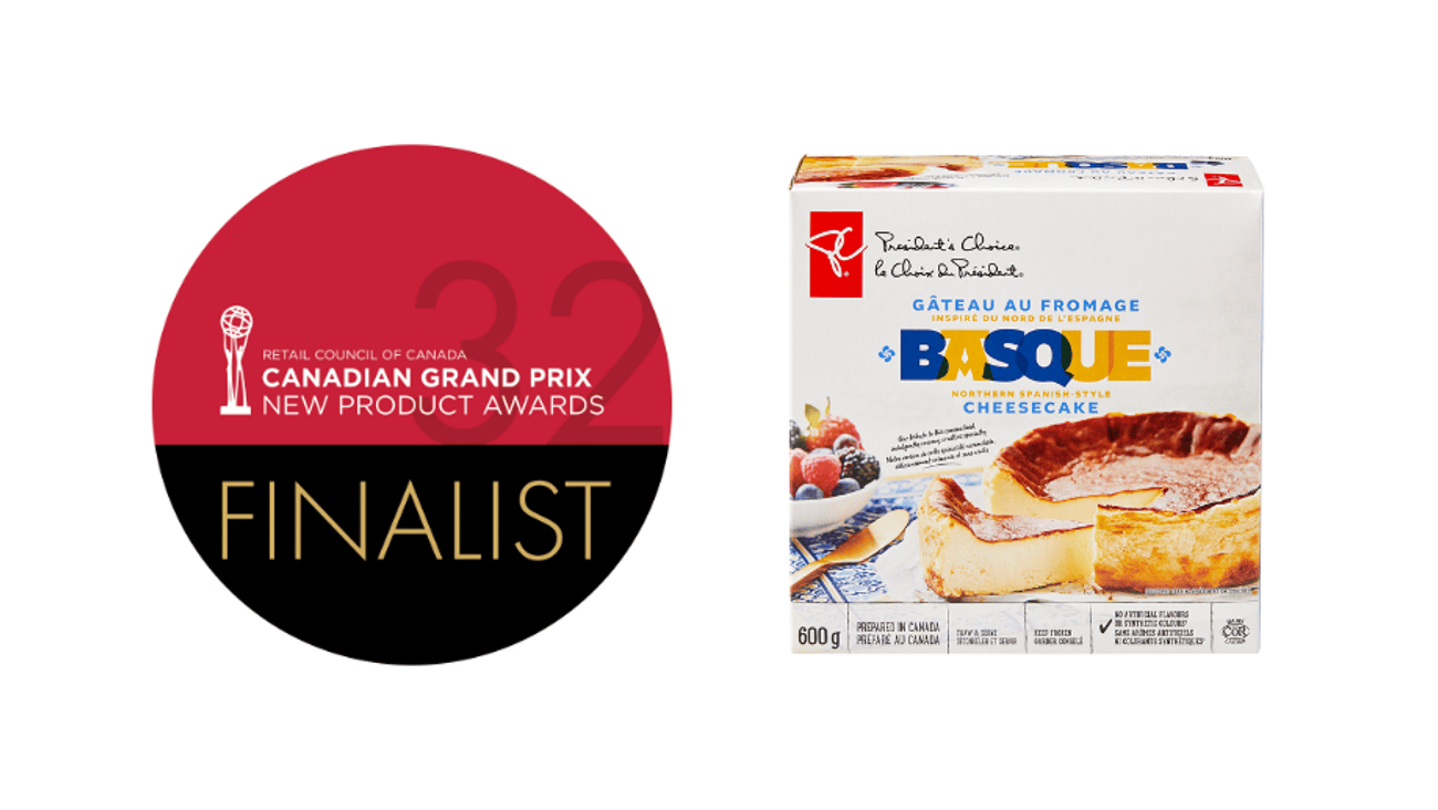 Loblaw's Northern Spanish-Style Basque Cheesecake next to the Grand Prix finalists logo
