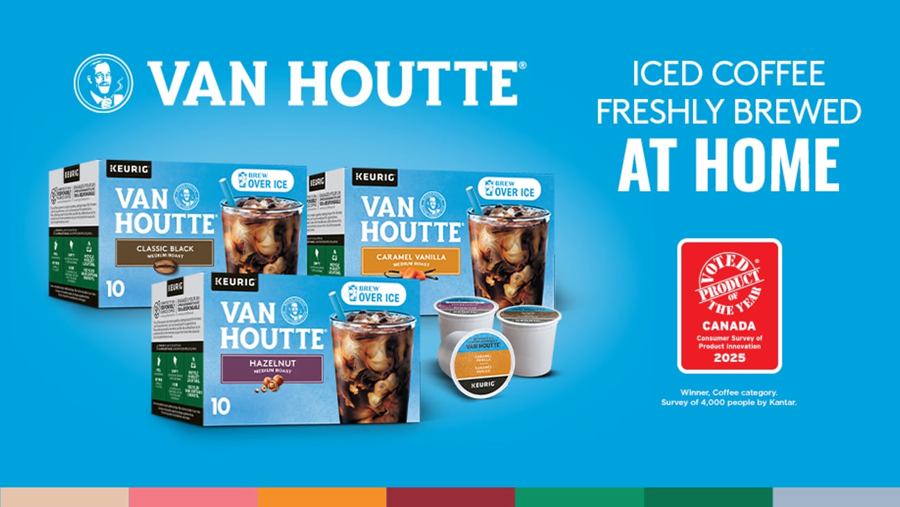 Package shots of Van Houtte Brew Over Ice alongside a Product of the Year logo