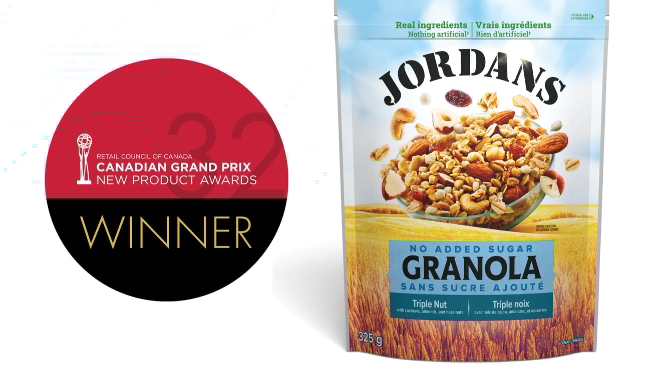 A box of Jordans No added Sugar Granola next to the Grand Prix winners logo