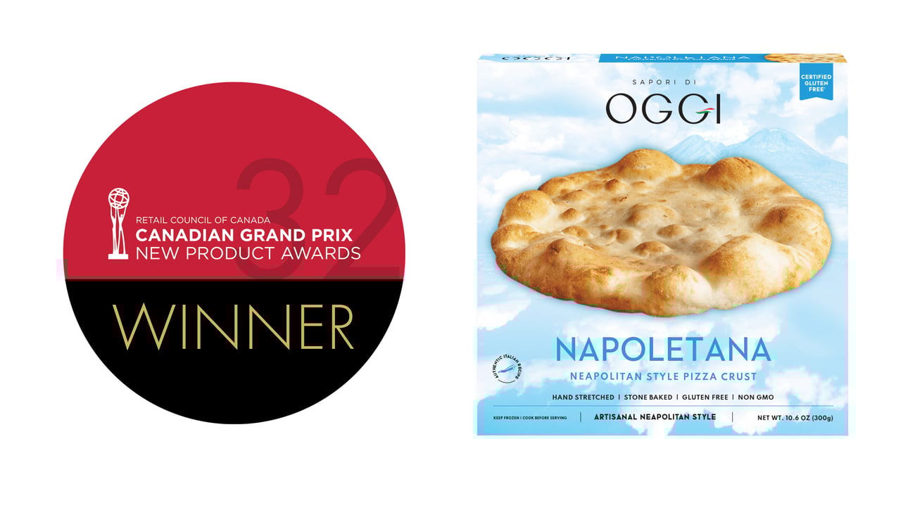 A box of Oggi pizza next to a Grand Prix winner logo