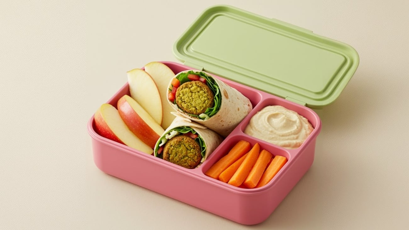A lunch bento box with a crap, hummus, apples and carrots