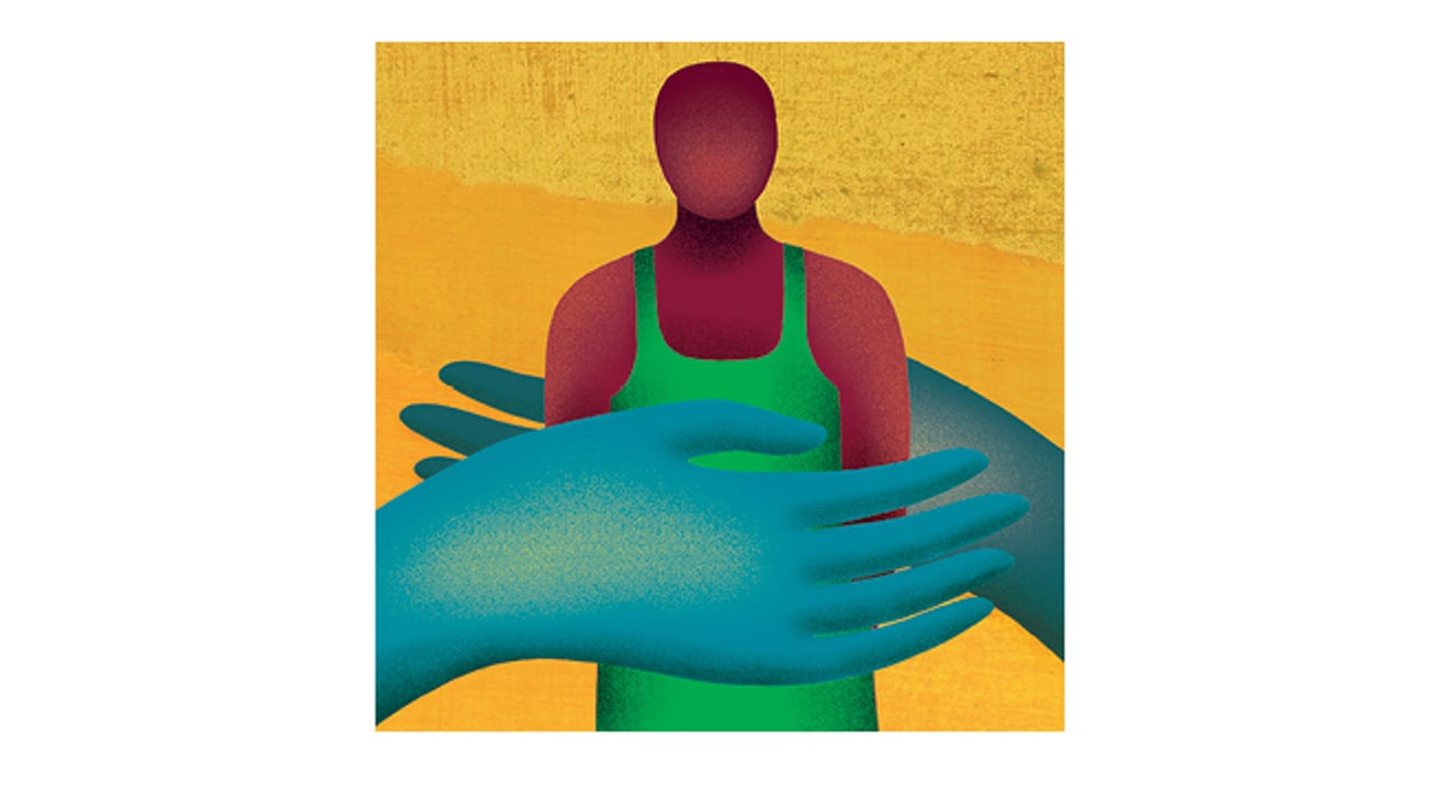 Illustration of two hands around a grocery store worker