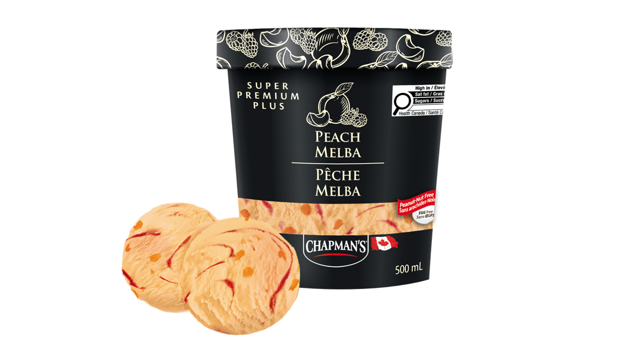 a tub of Chapman's Peach Malba ice cream with two scoops sitting next to it