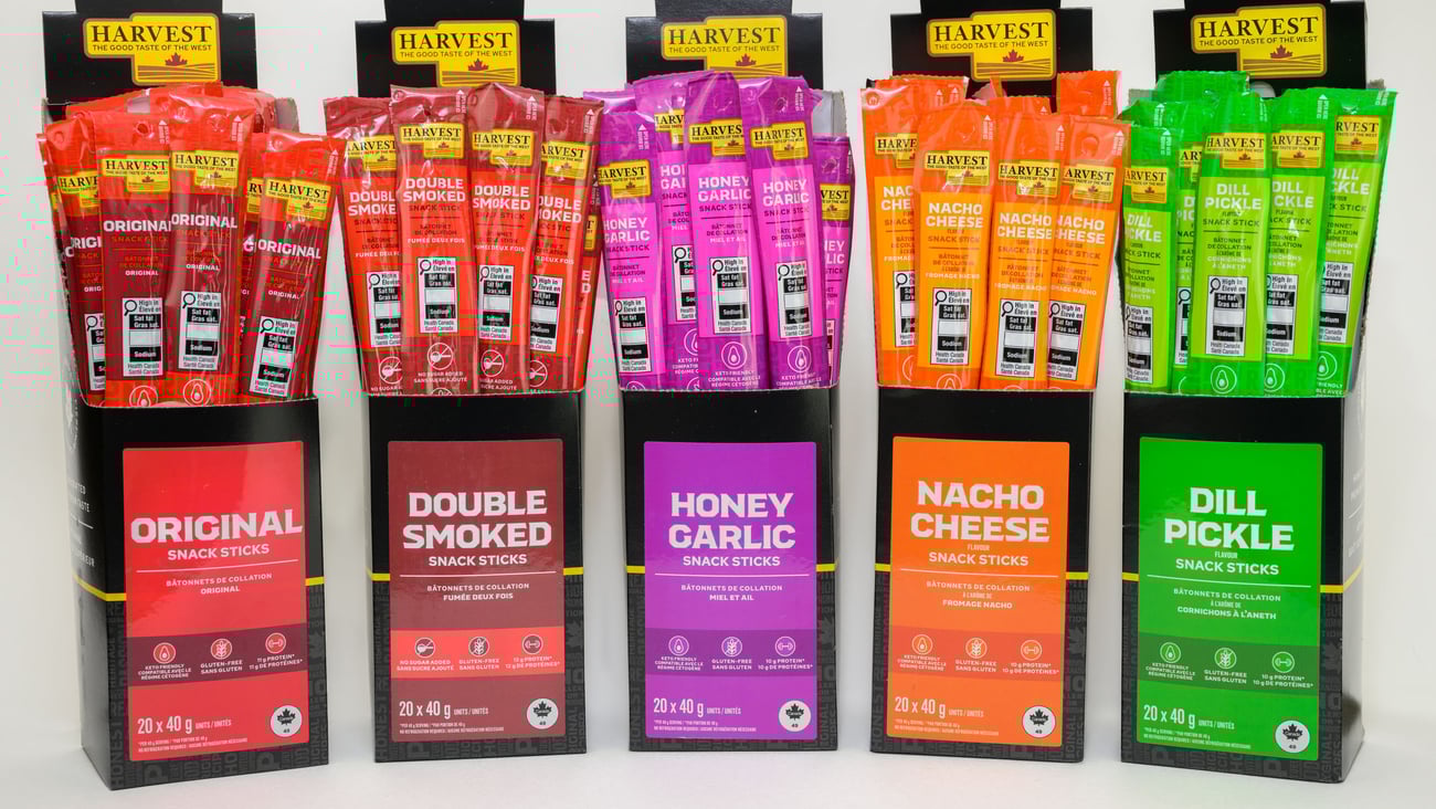 Packs of Harvest Meat Snack Sticks in five flavours