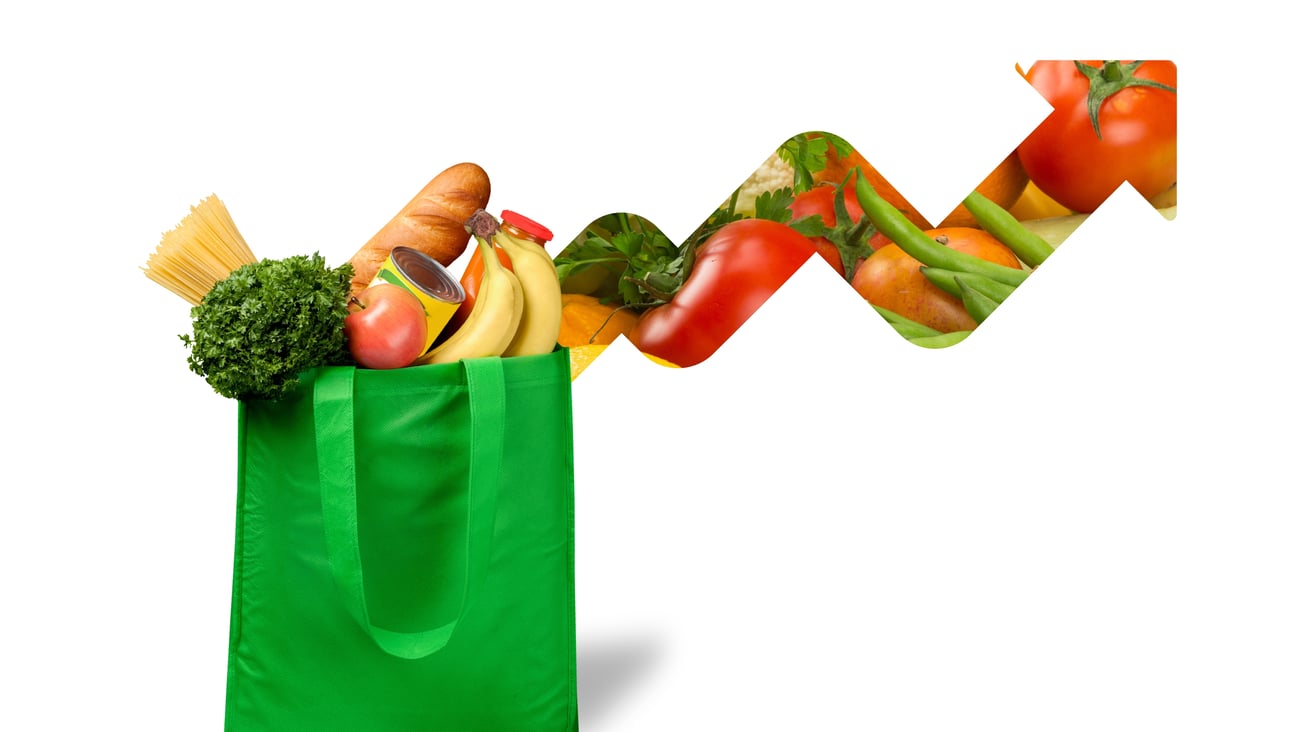 Rising grocery prices and surging cost concept and the rise of food costs with an arrow. Billion Photos