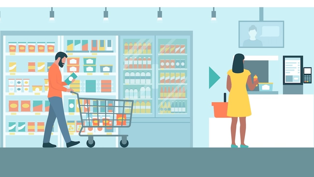 grocery shopping AI drawing man grocery shopping woman checking out