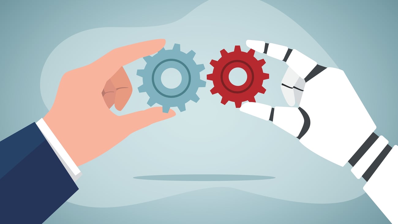 Human and robotic hands connecting gears. People and robots working together flat vector illustration. Artificial intelligence, automation, workforce, technology concept for banner