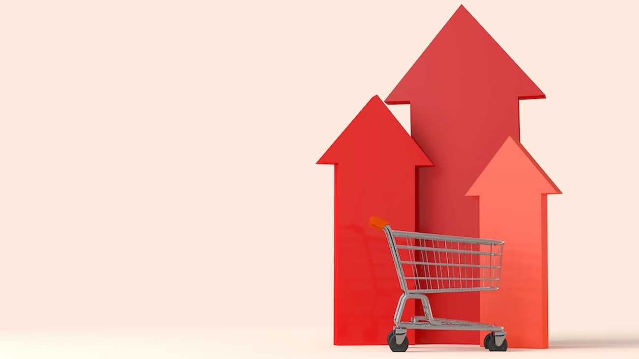 grocery shopping cart with red arrows pointing up at multiple levels Manitoba grocery study 