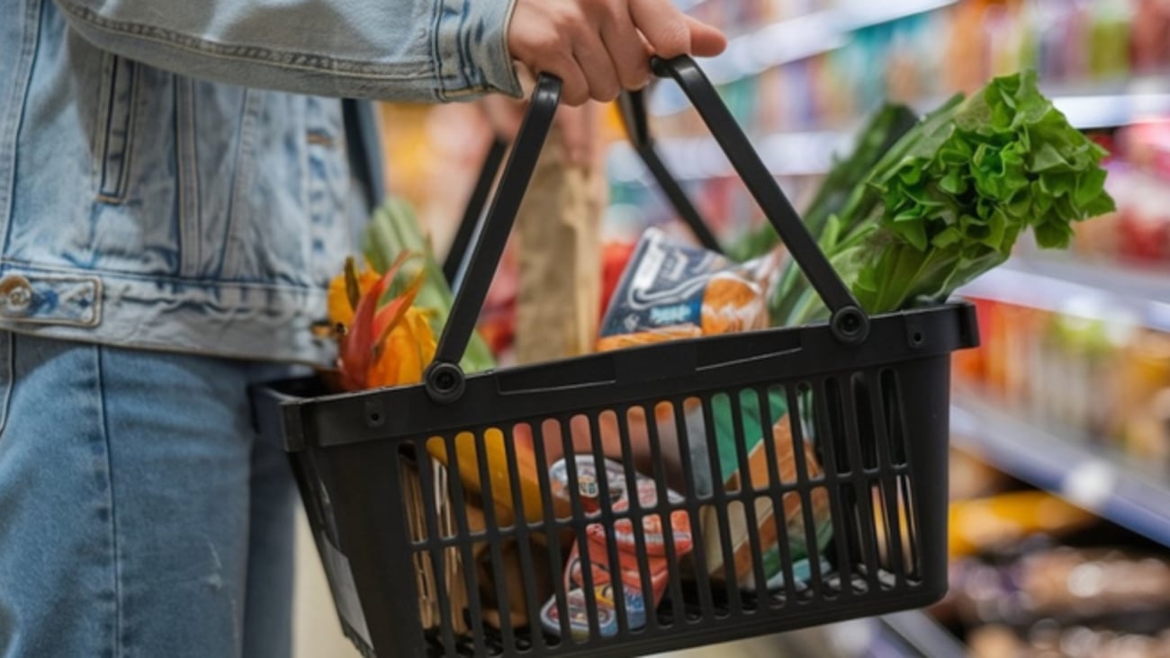 grocery shopping person holding a basket of groceries