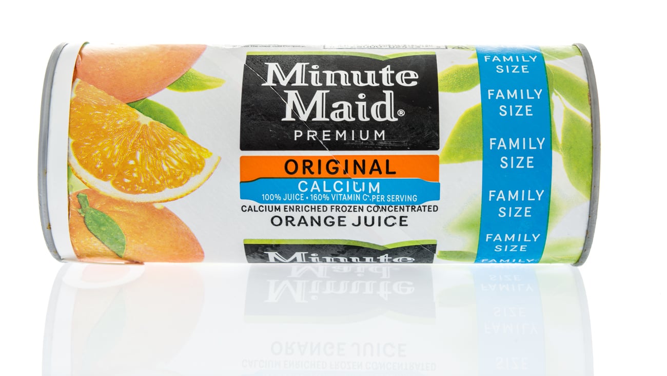 A tube of Minute Maid frozen orange juice on an isolated background.