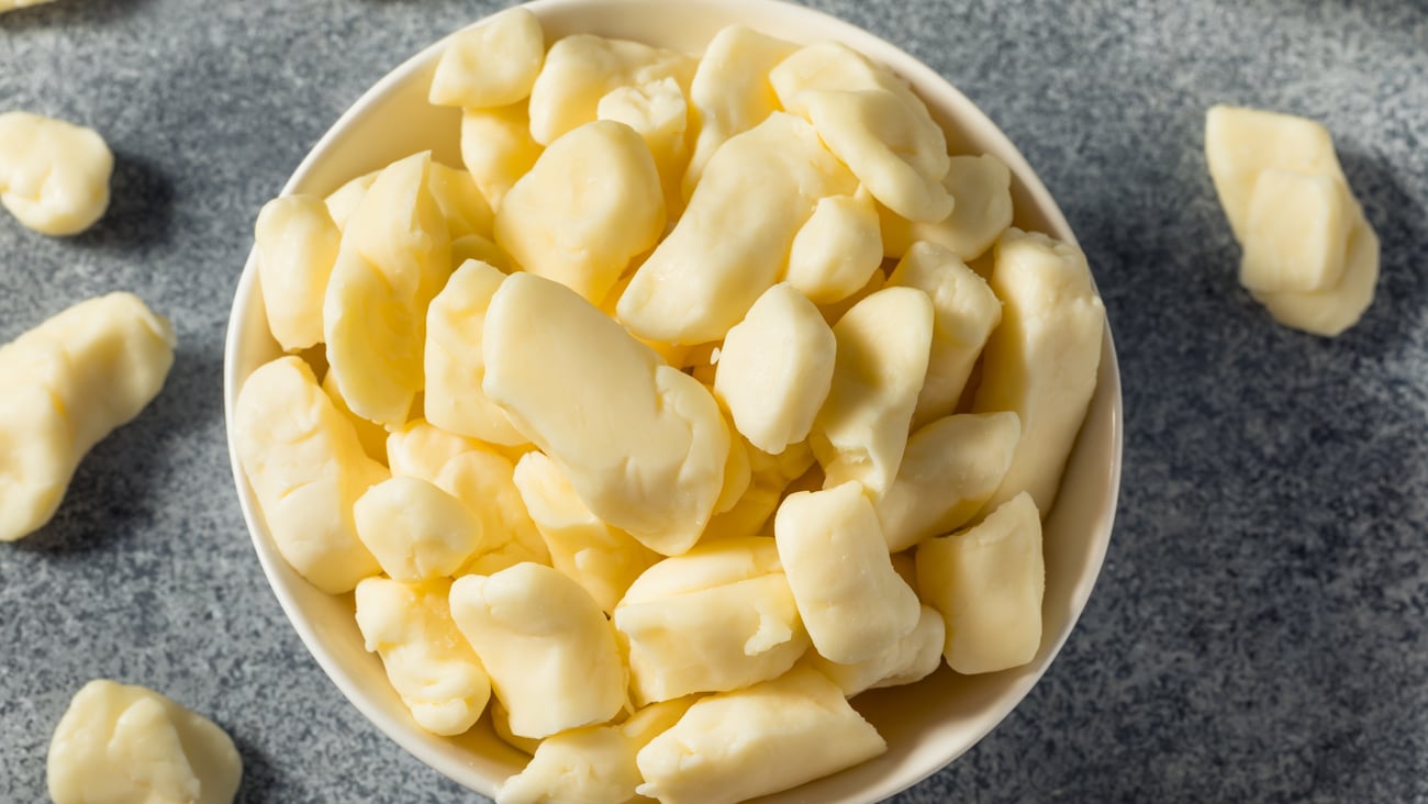 Raw White Organic Cheese Curds in a Bowl