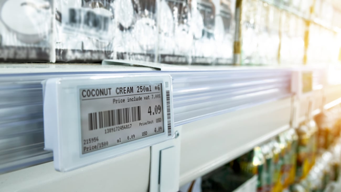 Smart retail digital store technology concept.Electronic Shelf Label(ESL) led for automatically updated displaying product pricing on shelves for retail business. Price is change from control service.