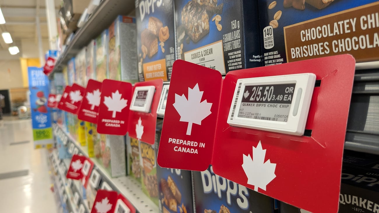 Labels on Canadian made goods at grocery store in response to the Trump administrations tariffs on Canadian goods in Ontario.