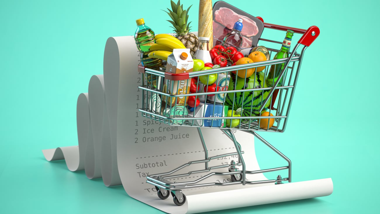 Shopping cart with foods on receipt. Grocery expenses budget, inflation and consumerism concept. 3d illustration