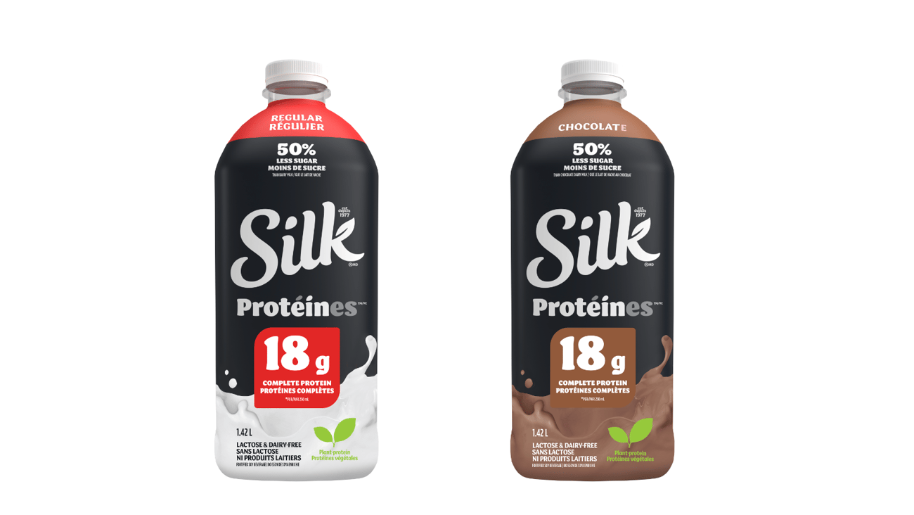 Bottles of Silk Protein plant-based beverage