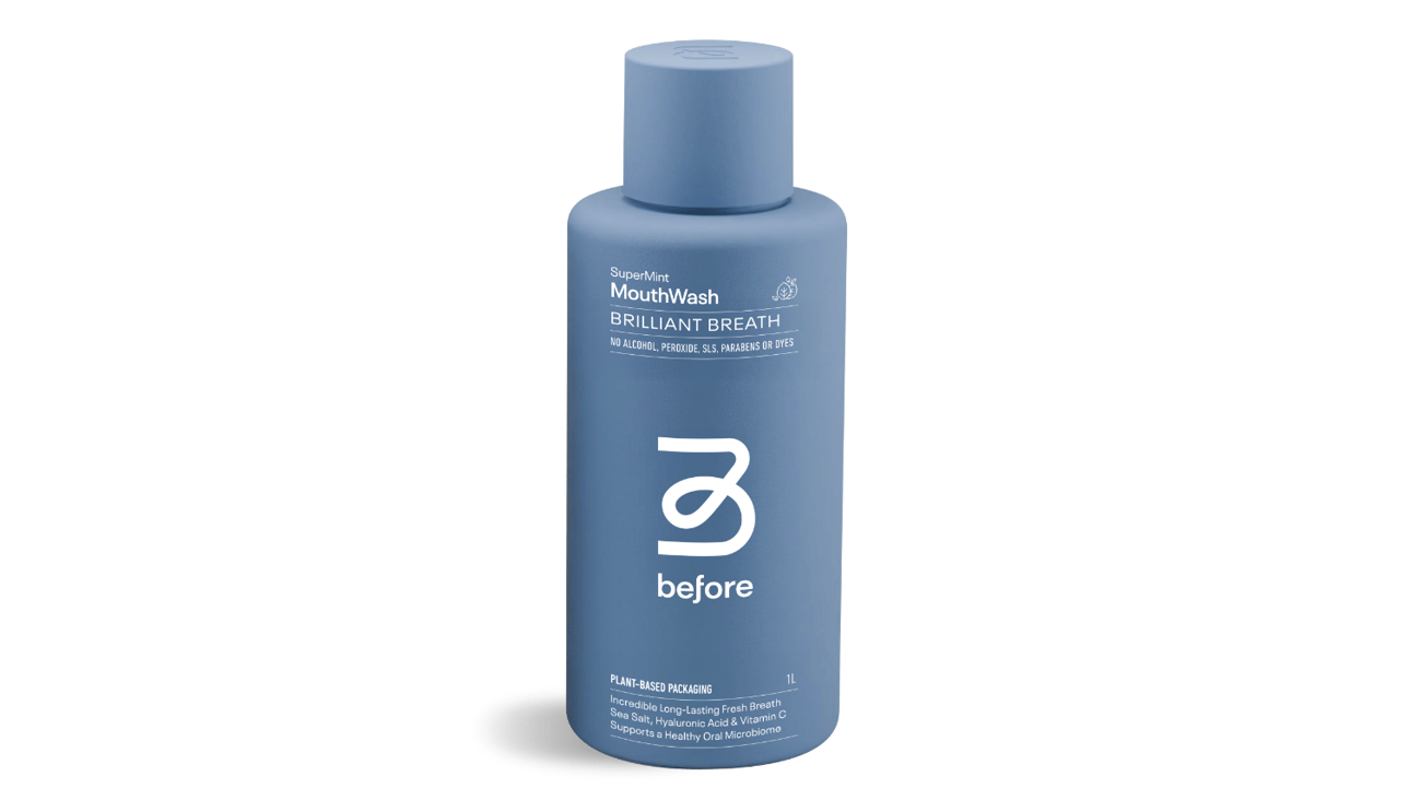 A bottle of Before Brilliant Breath MouthWash