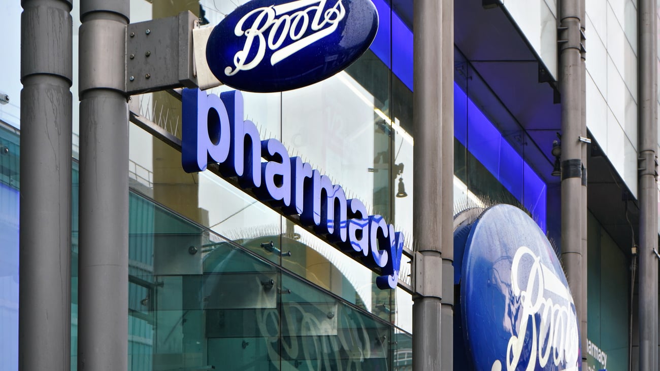 Typical blue oval sign at one of many Boots branches in London. Boots is a health and beauty pharmacy chain in UK and few other countries