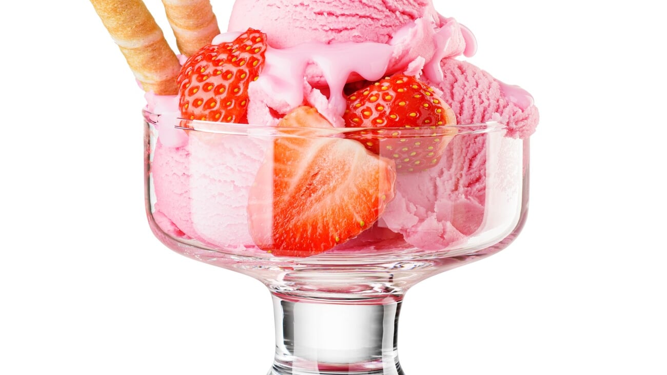 Strawberry pink ice cream scoops served on a glass dessert bowl isolated on white background.; Shutterstock ID 2322743967