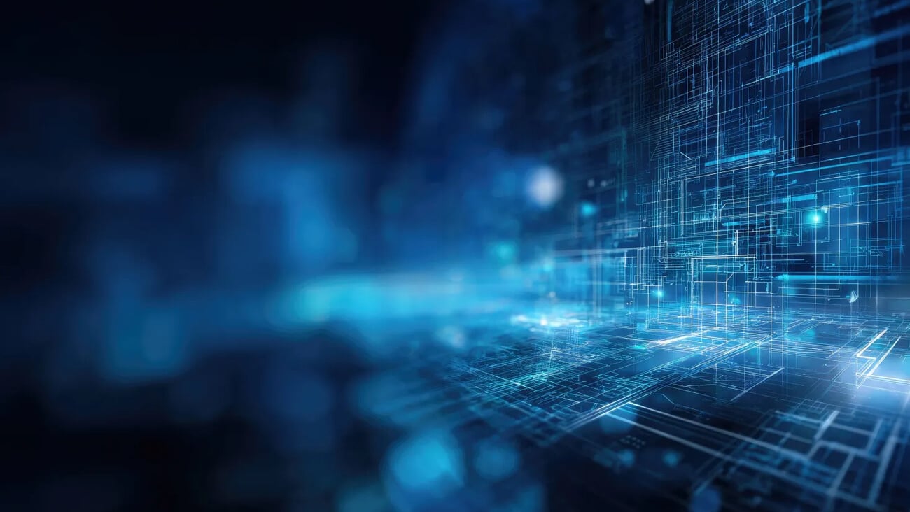 An abstract digital landscape of glowing blue lines and circuits, creating a futuristic and technological atmosphere.  The perspective suggests depth and com...; Shutterstock ID 2650468093