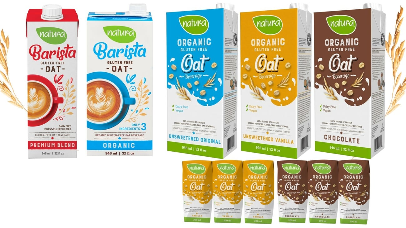 Cartons of Natura Organic and Gluten-Free Oat Beverages