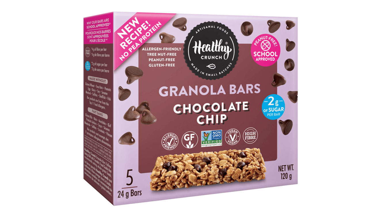A box of Healthy Crunch Chocolate Chip Granola Bars