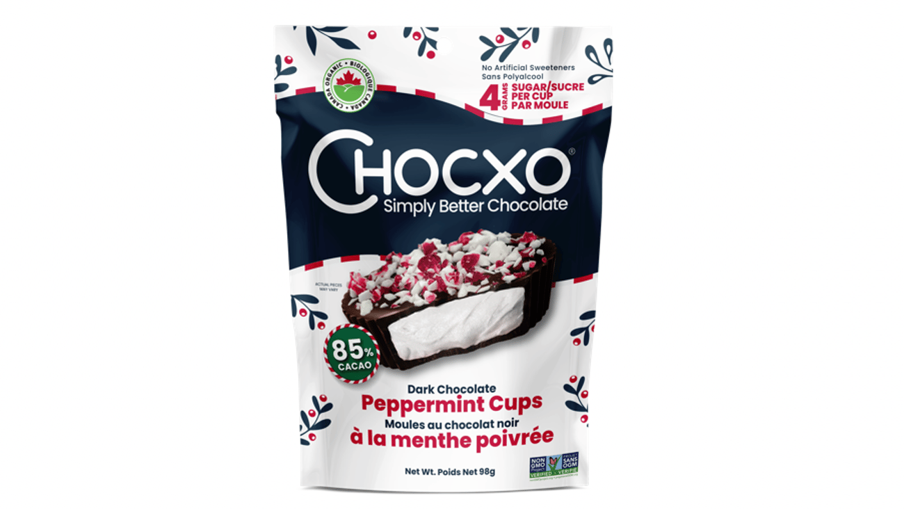 A bag of Chocoxo Dark Chocolate Peppermint Cups (limited edition)