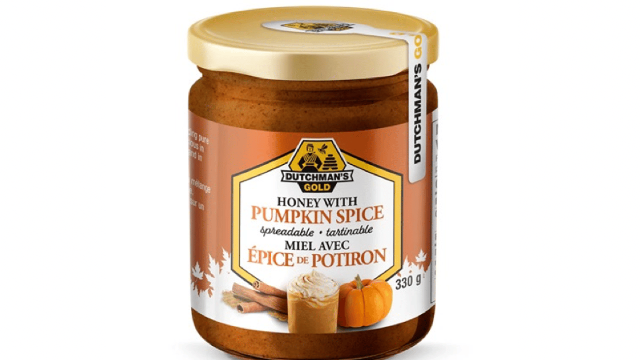 A jar of Dutchman’s Gold Honey with Pumpkin Spice