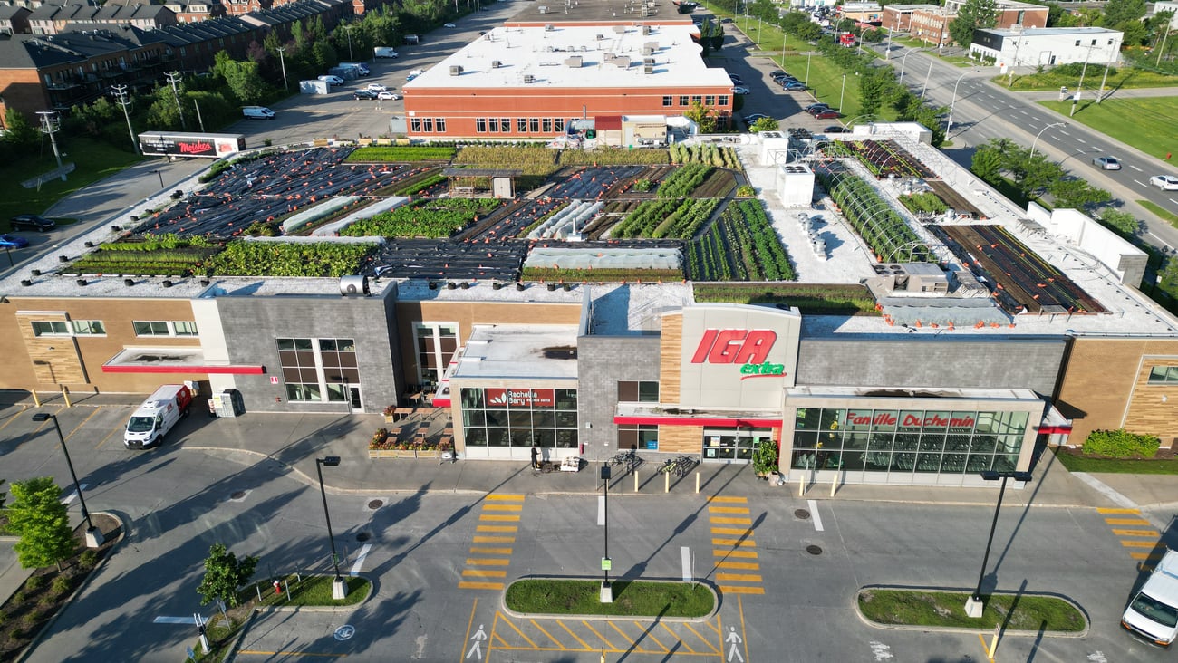 aerial shot of  IGA Extra Famille Duchemin Saint-Laurent's green roof