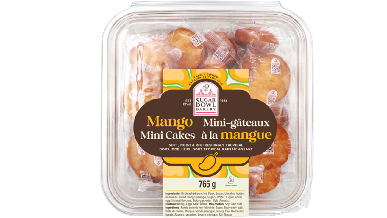 A plastic container of individually-wrapped Mango Mini Cakes