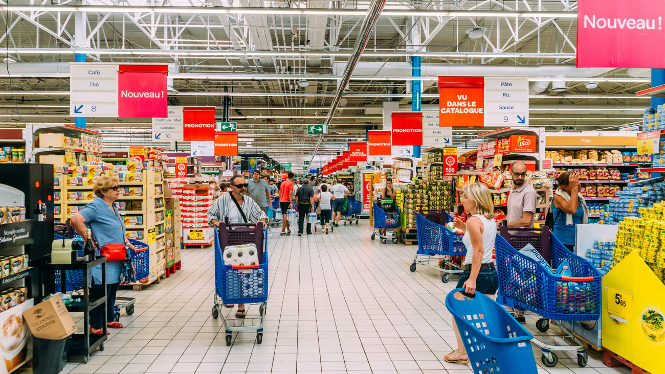 Shoppers in a Carrefour supermarket in Juan les Pins, France.